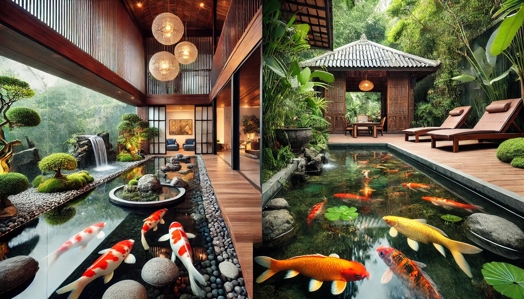 Sự đối lập giữa một bể cá Koi sang trọng phong cách Nhật Bản và một hồ cá truyền thống của Việt Nam – lựa chọn nào phản ánh đúng bản sắc văn hóa của chúng ta? (Ảnh minh họa: ChatGPT)