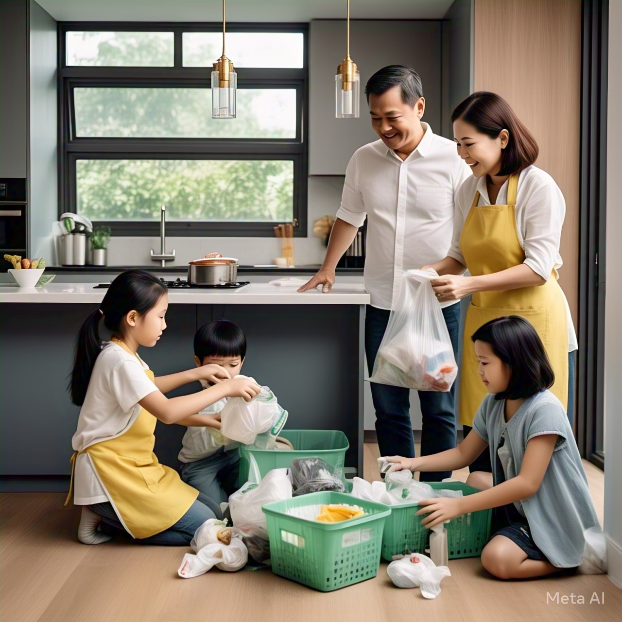 Phân loại rác thải tại nguồn góp phần làm giảm khối lượng rác thải sinh hoạt phát sinh phải vận chuyển, xử lý. (Ảnh: MetaAI)