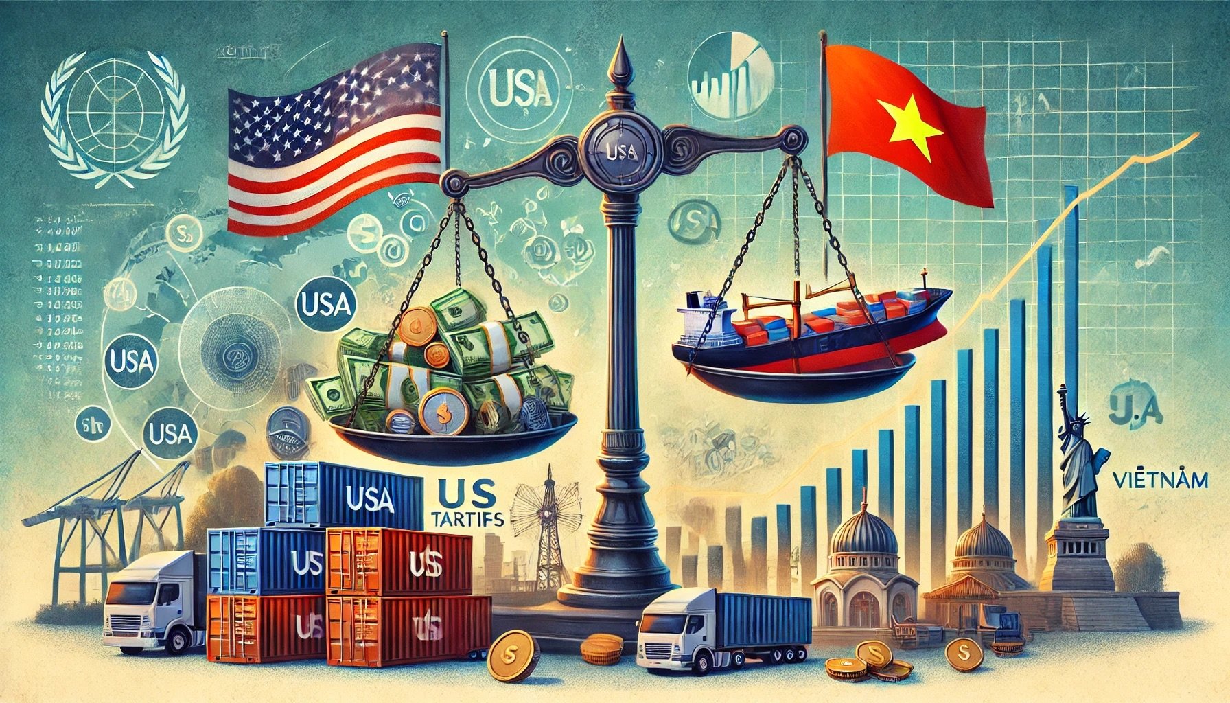 Cán cân kinh tế nghiêng về Mỹ – Xuất khẩu và tài chính Việt Nam đối mặt với thách thức (Ảnh minh họa: ChatGPT)