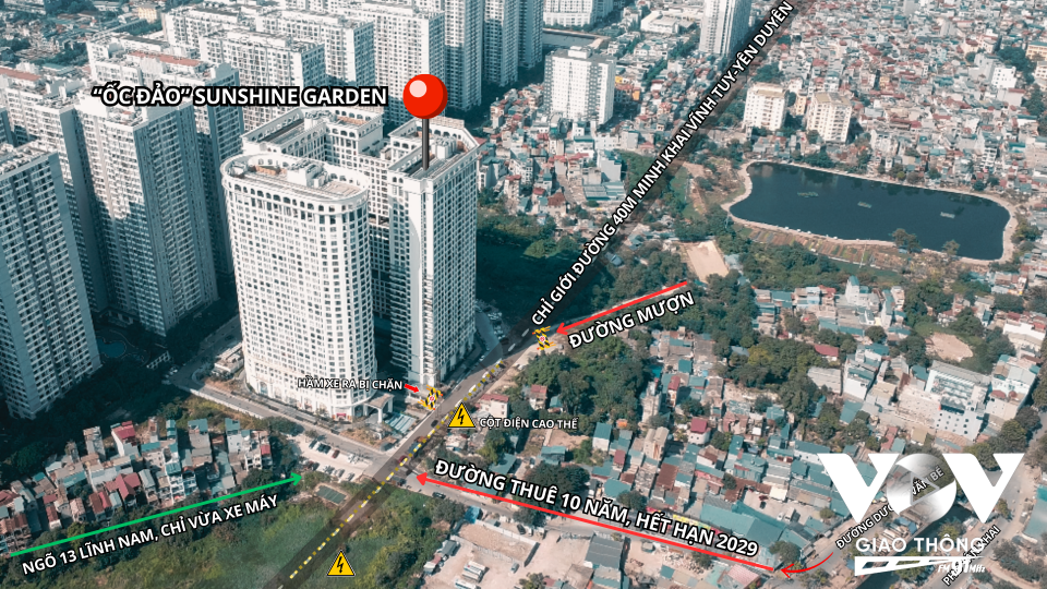 'Ốc đảo' Sunshine Garden, chung cư nổi tiếng Hà Nội vì không được đấu nối với hệ thống giao thông thành phố, phải 'mượn đường'.