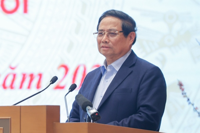 Thủ tướng Phạm Minh Chính phát biểu tại hội nghị với doanh nghiệp nhỏ và vừa, chiều 27/2. Ảnh: VGP