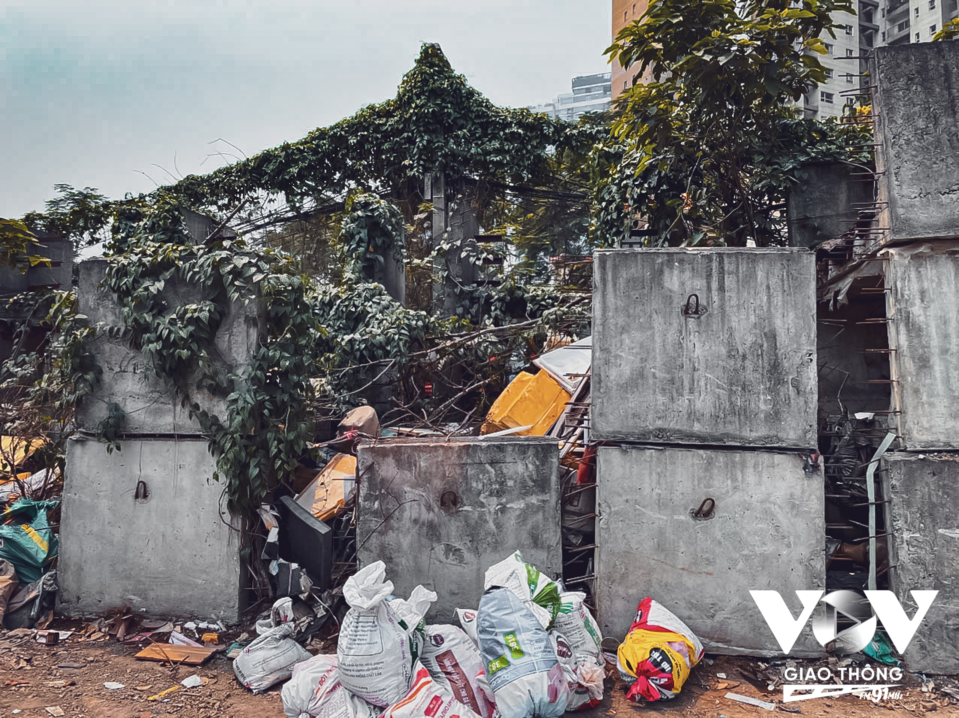 Xen giữa đoạn đường rộng là những cống hộp xếp chồng lên nhau, phía trên là cột điện đã um tùm dây leo, cỏ dại