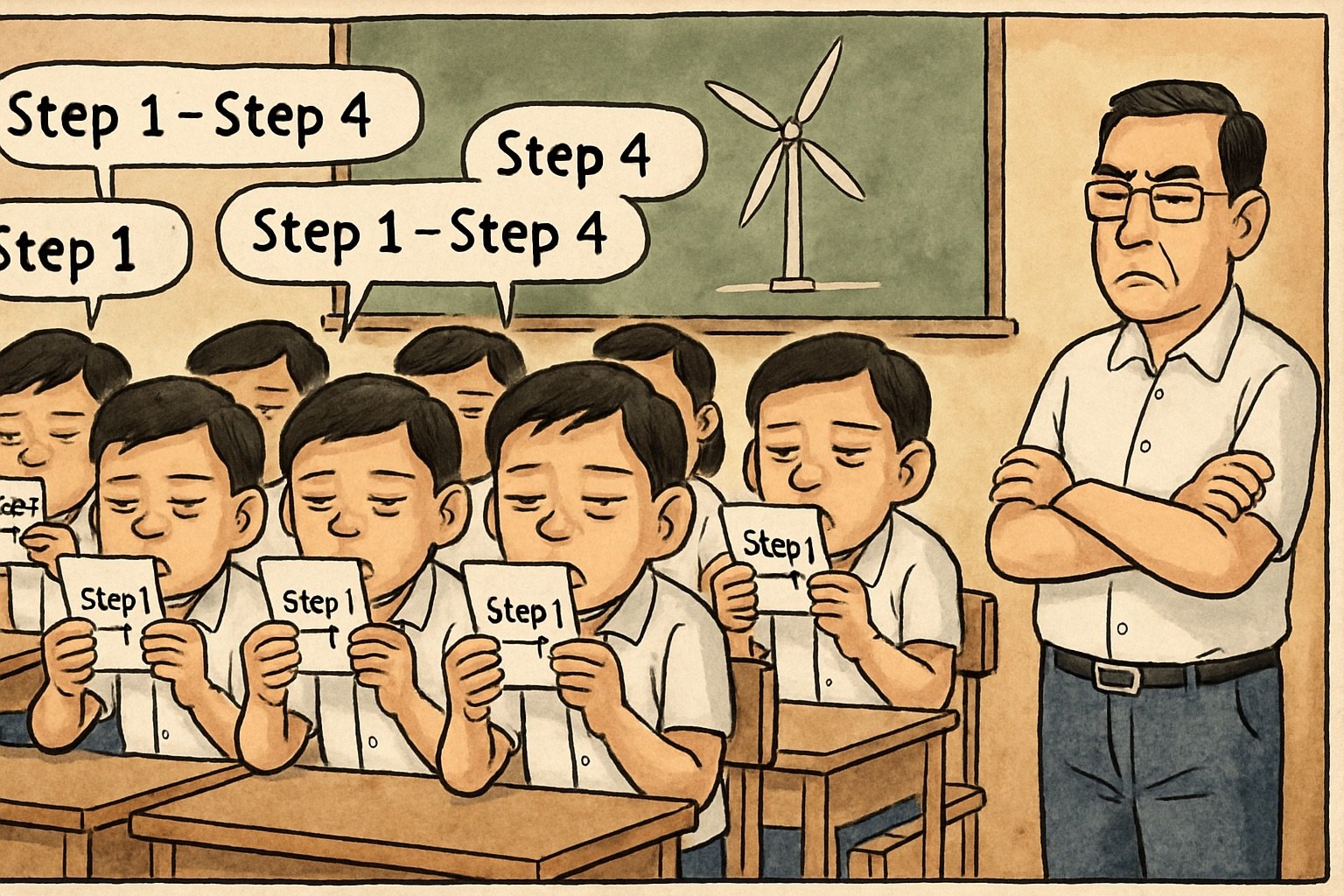Học sinh ngồi trong lớp, gục đầu học thuộc đề cương như “tụng kinh”, ánh mắt mệt mỏi, không hiểu bản chất kiến thức – phản ánh cách ôn thi máy móc đang phổ biến trong các trường học hiện nay (Ảnh: ChatGPT)