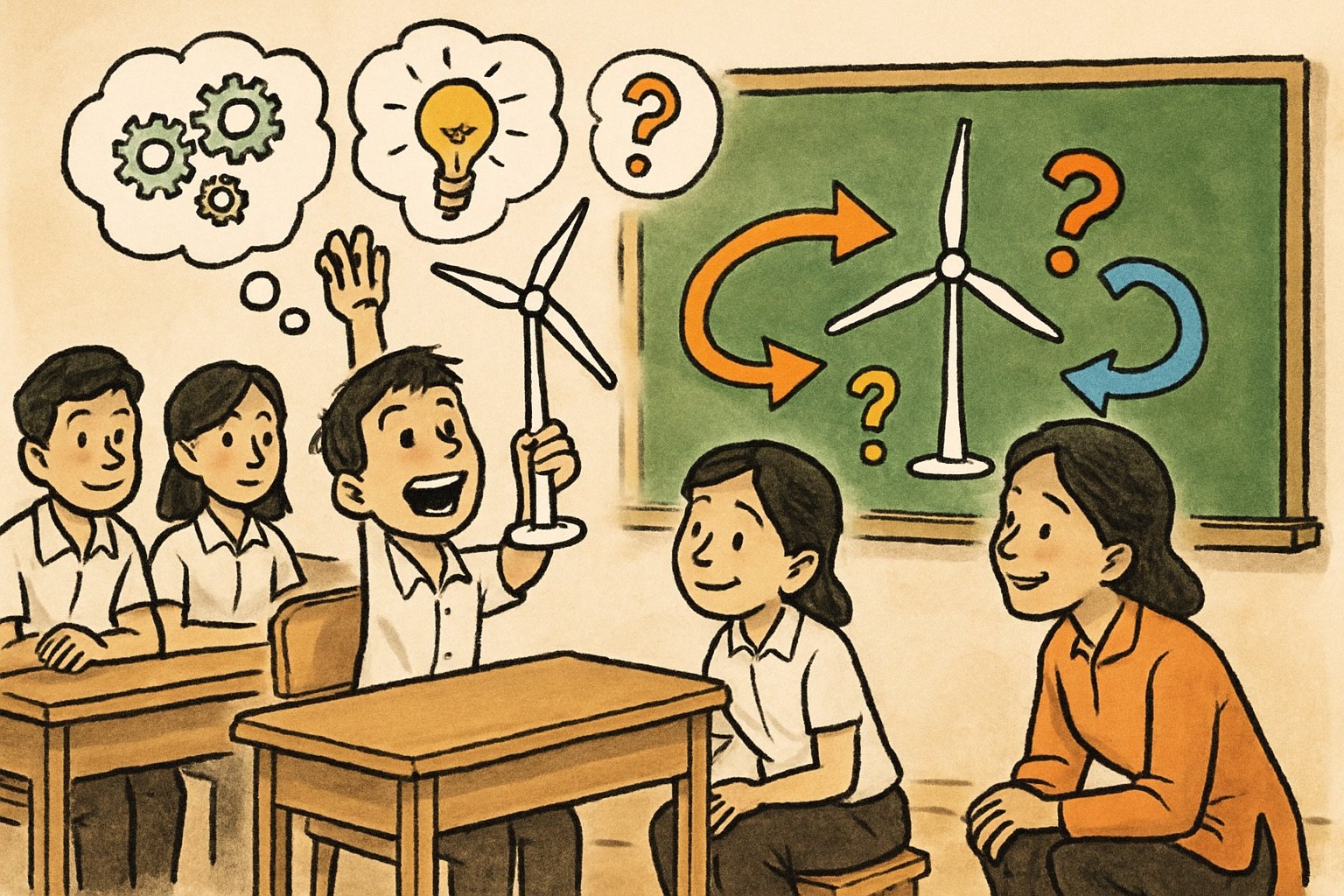 Học sinh thảo luận cùng cha mẹ – biểu hiện của tư duy phản biện, hiểu bài bằng trải nghiệm thực tế thay vì học vẹt. Bức tranh thể hiện một hướng đi tích cực trong giáo dục (Ảnh: ChatGPT)