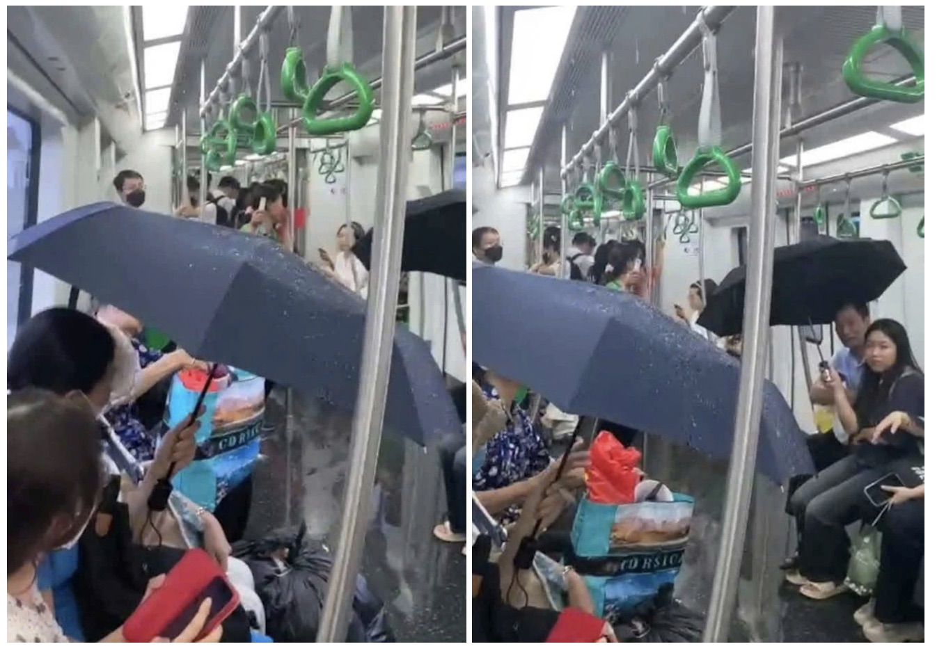 Hành khách che ô khi đi tàu metro Cát Linh - Hà Đông