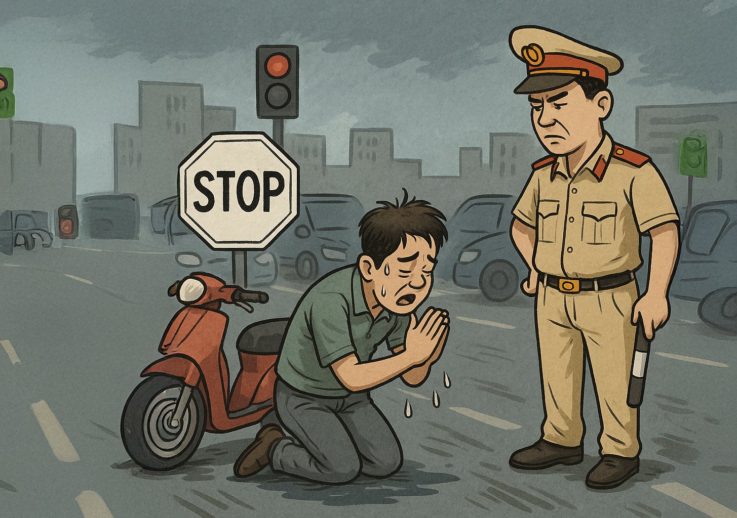 Một cú quỳ giữa phố – khi chiếc biên bản trở thành áp lực vượt quá sức chịu đựng (Ảnh minh họa: ChatGPT)