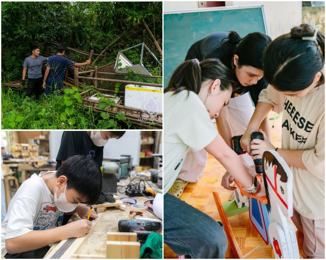 Dự án ''Tái sử dụng và Tái chế gỗ'' của Maya School là nơi các học sinh trung học được thiết kế, sản xuất và bán các sản phẩm từ gỗ tái chế, gây quỹ cho hoạt động từ thiện