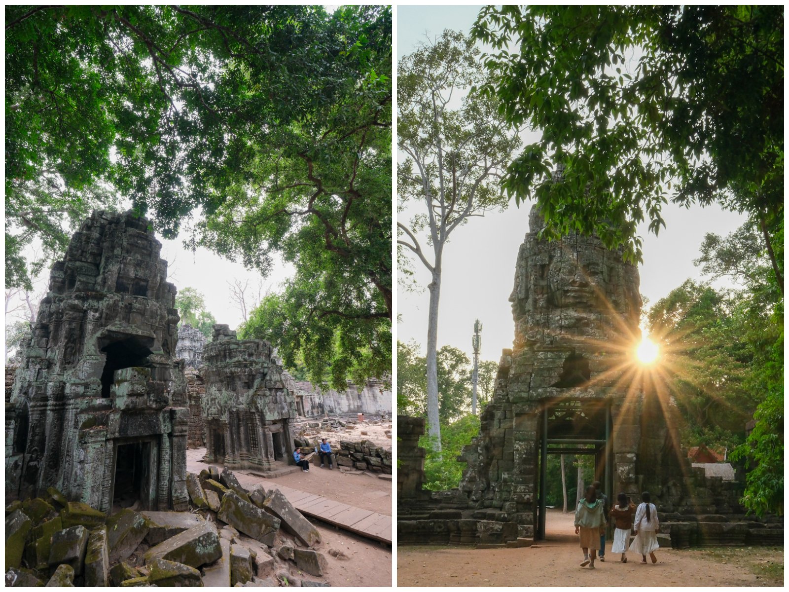 Quần thể di tích đền Angkor có đến trên 1.000 ngôi đền với kích cỡ và hình dáng khác nhau mang đậm phong cách kiến trúc Khmer. Các ngôi đền nổi tiếng là Angkor Wat và Angkor Thom, đền Bayon với vô số đồ trang trí điêu khắc.