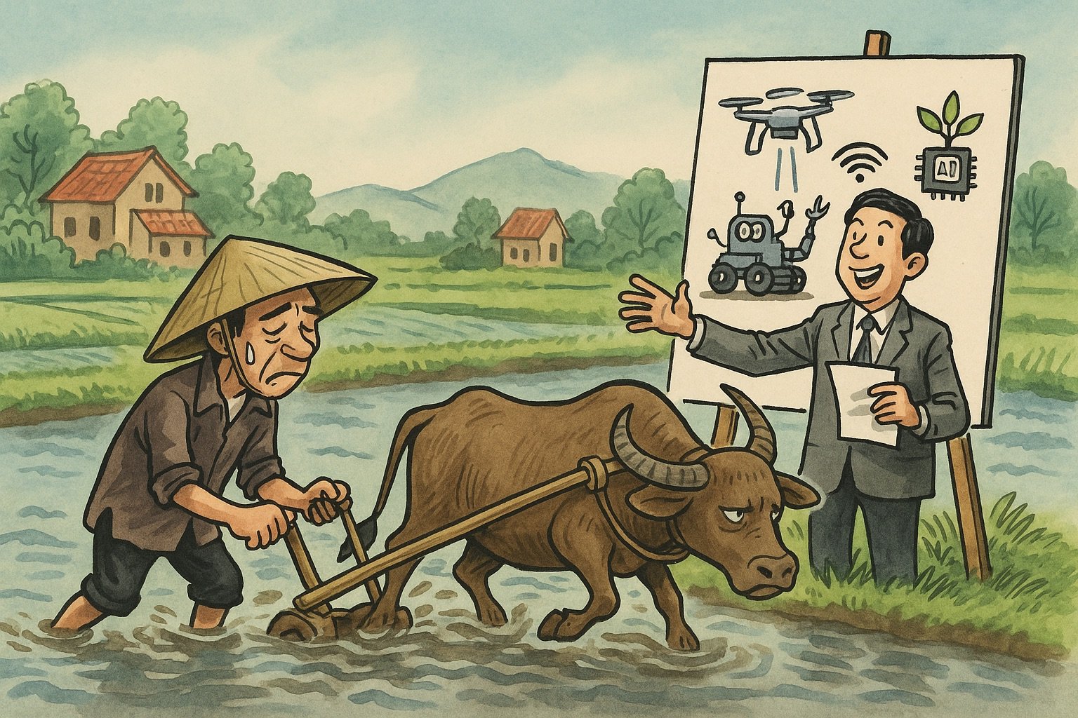 Nông dân thiếu công nghệ, làm ruộng vẫn tay không (Ảnh minh họa: ChatGPT)