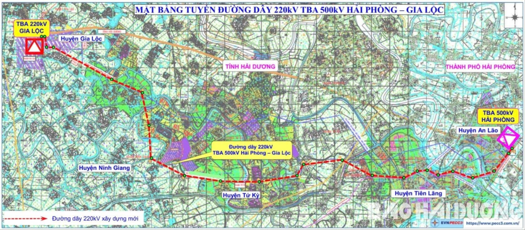 Mặt bằng tuyến đường dây 220kV trạm biến áp 500kV Hải Phòng - Gia Lộc (ảnh cơ sở cung cấp)