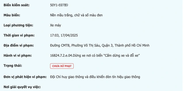 Kết quả hệ thống hiển thị một biển số xe máy bị phạt nguội. (Ảnh chụp màn hình)