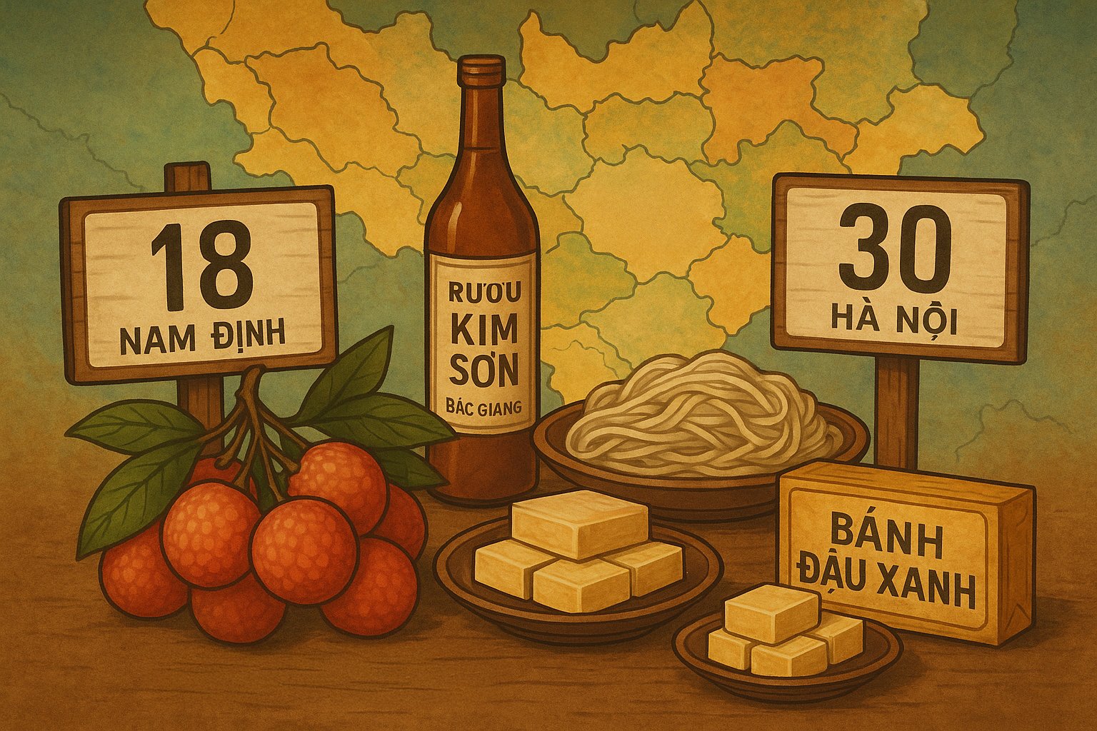 Những đặc sản Bắc Bộ như bánh đậu xanh, vải thiều, mỳ Chũ, rượu Kim Sơn... cùng hiện diện trong không gian truyền thống – biểu tượng của bản sắc địa phương cần được bảo tồn sau sáp nhập (Ảnh minh họa: ChatGPT)