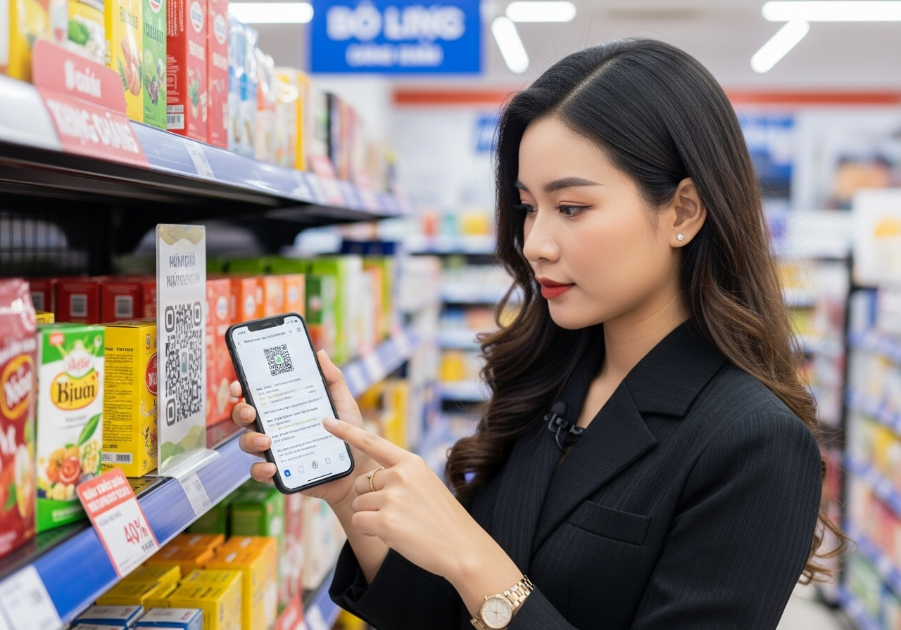 Người tiêu dùng Việt chủ động kiểm tra nguồn gốc sản phẩm bằng công nghệ số (Ảnh: Google Studio AI)