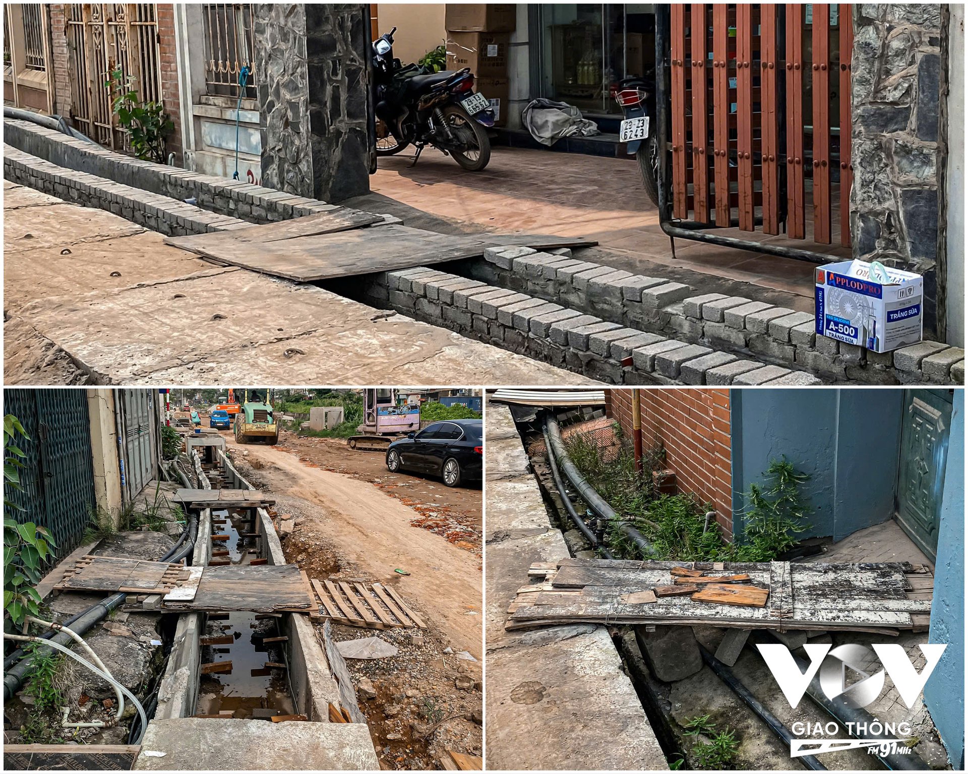 Hàng trăm tấm ván gỗ, cánh cửa cũ được người dân tận dụng để dựng cầu bắc vào nhà