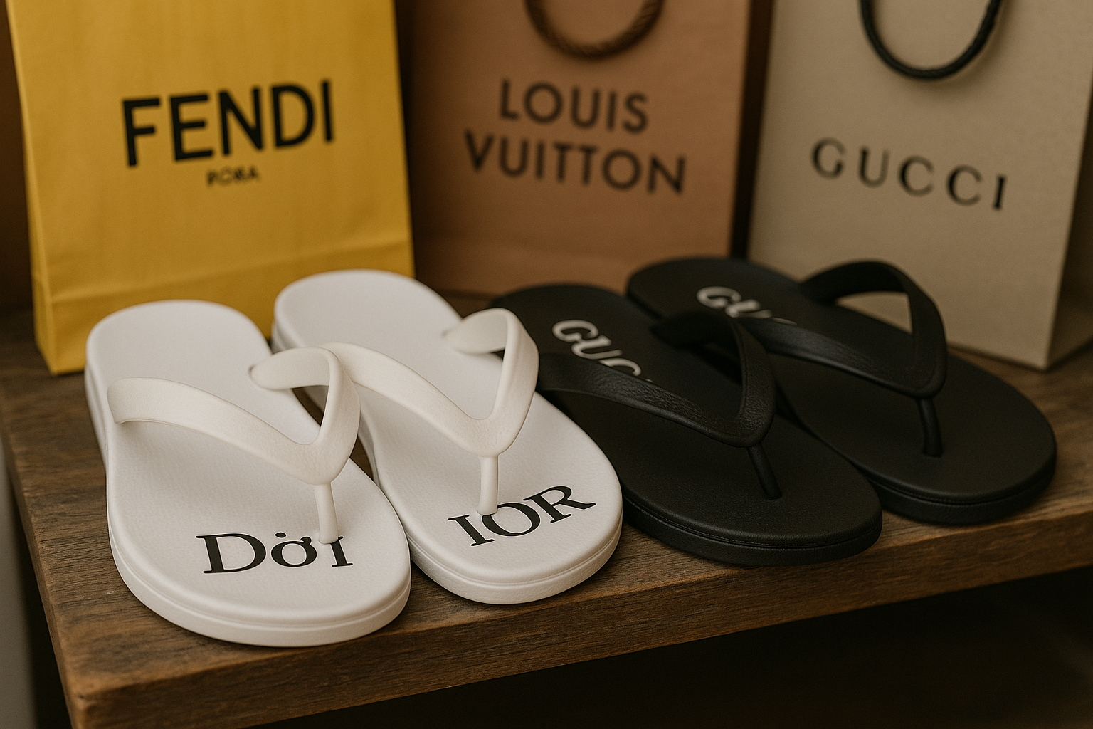 Dép ‘Đờ IOR’ cạnh Gucci, Fendi, Louis Vuitton – hàng hiệu hay ‘hiệu hàng’? (Ảnh minh họa: ChatGPT)