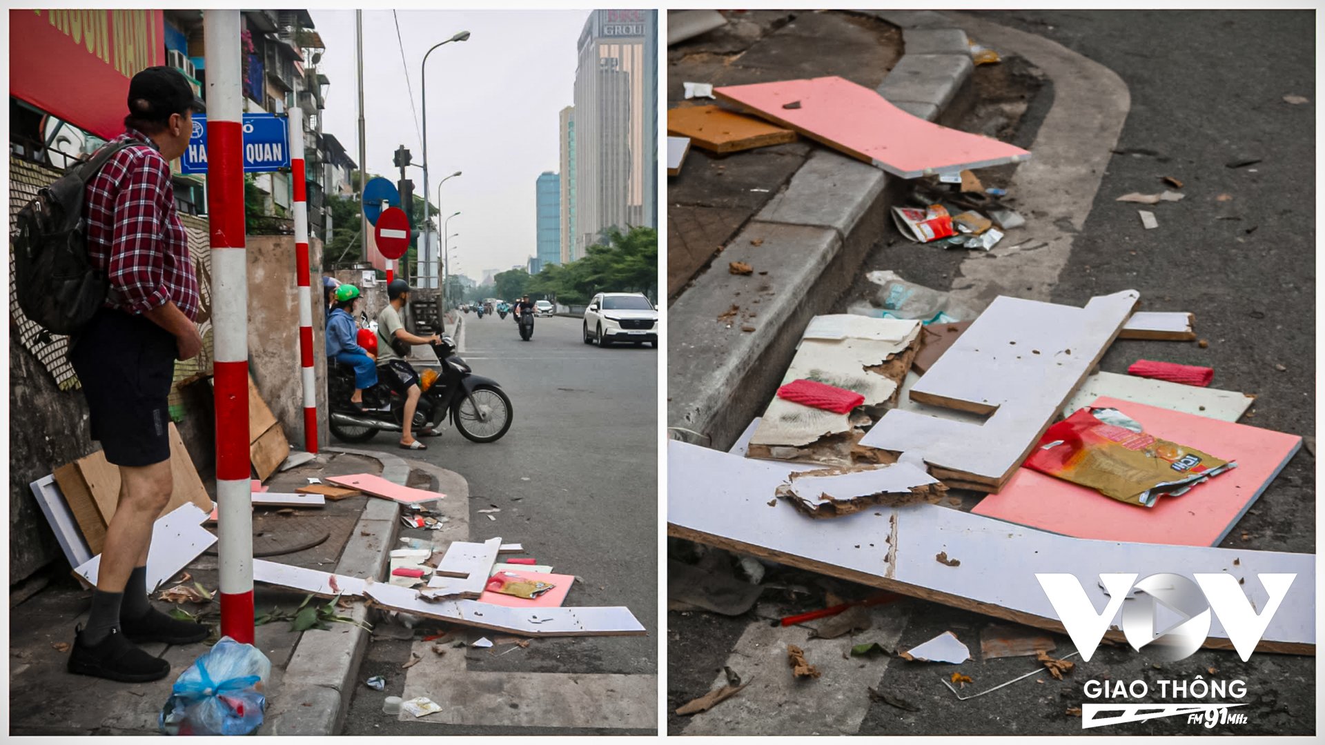 Rác thải ngay tại vạch sang đường dành cho người đi bộ, lấn chiếm lòng đường