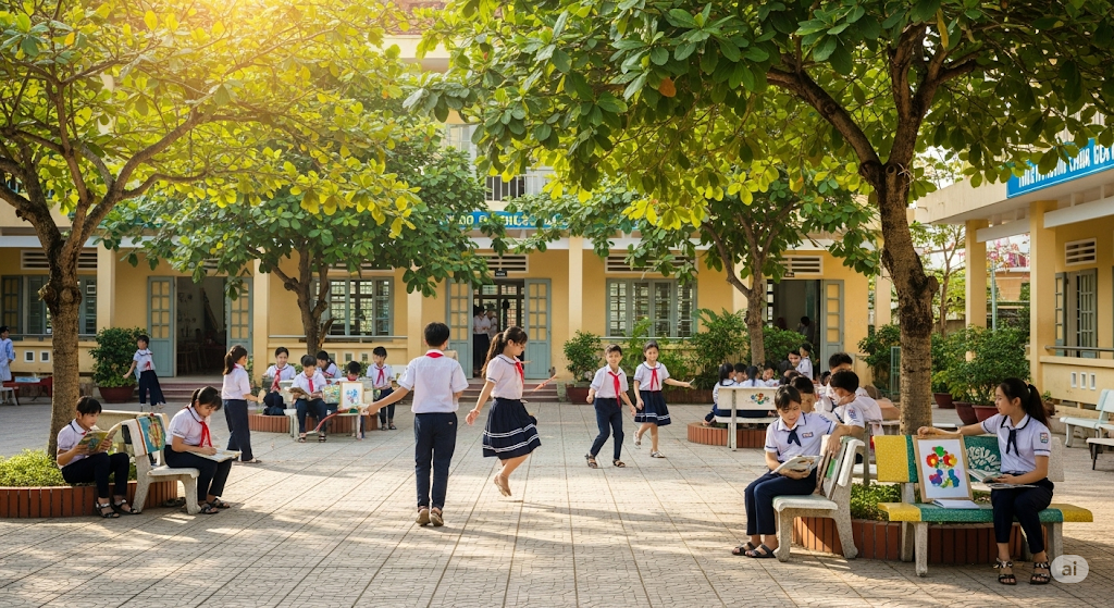 Các trường có thể tận dụng khoảng sân làm nơi tổ chức các hoạt động thể thao nhẹ nhàng, các buổi giao lưu nghệ thuật, đọc sách, thảo luận nhóm hoặc chơi các trò chơi dân gian... (Ảnh minh họa: Gemini)