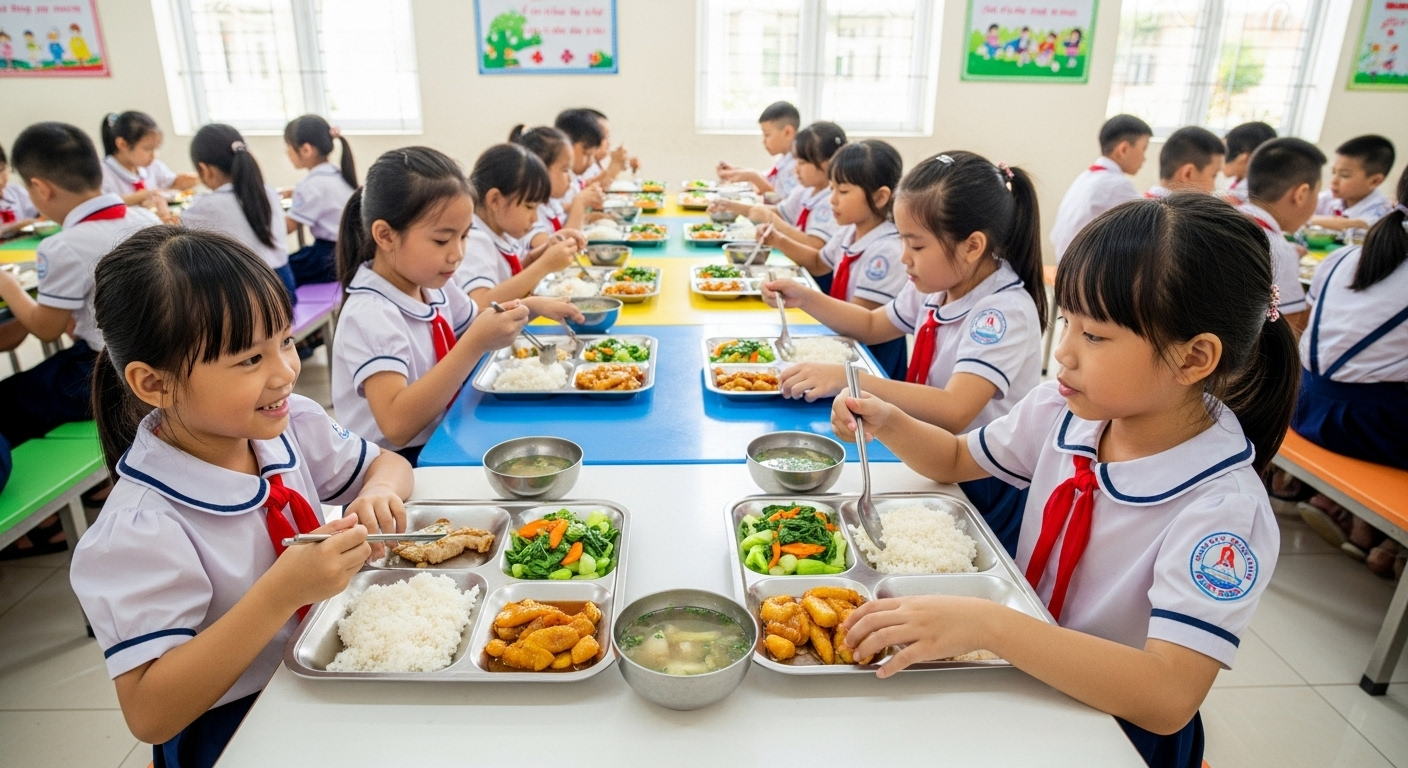 Hội đồng nhân dân thành phố Hà Nội đã thông qua nghị quyết về việc hỗ trợ bữa ăn bán trú cho học sinh tiểu học, bắt đầu triển khai từ năm học 2025-2026. Ảnh: Google AI Studio