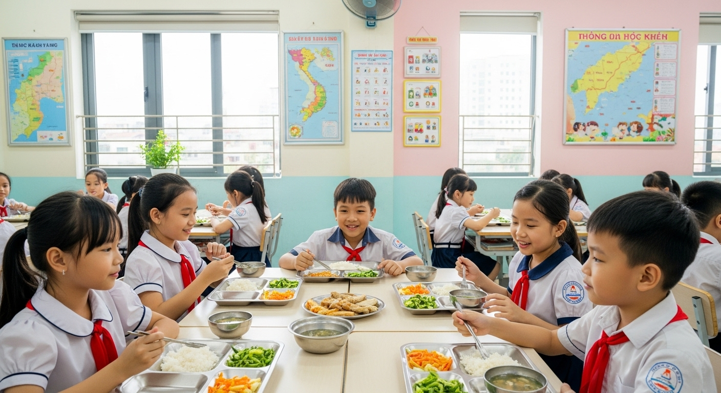 Chính sách hỗ trợ bữa ăn bán trú thể hiện sự quan tâm thiết thực của thành phố đối với các gia đình có con đi học. Ảnh minh họa: Google AI Studio