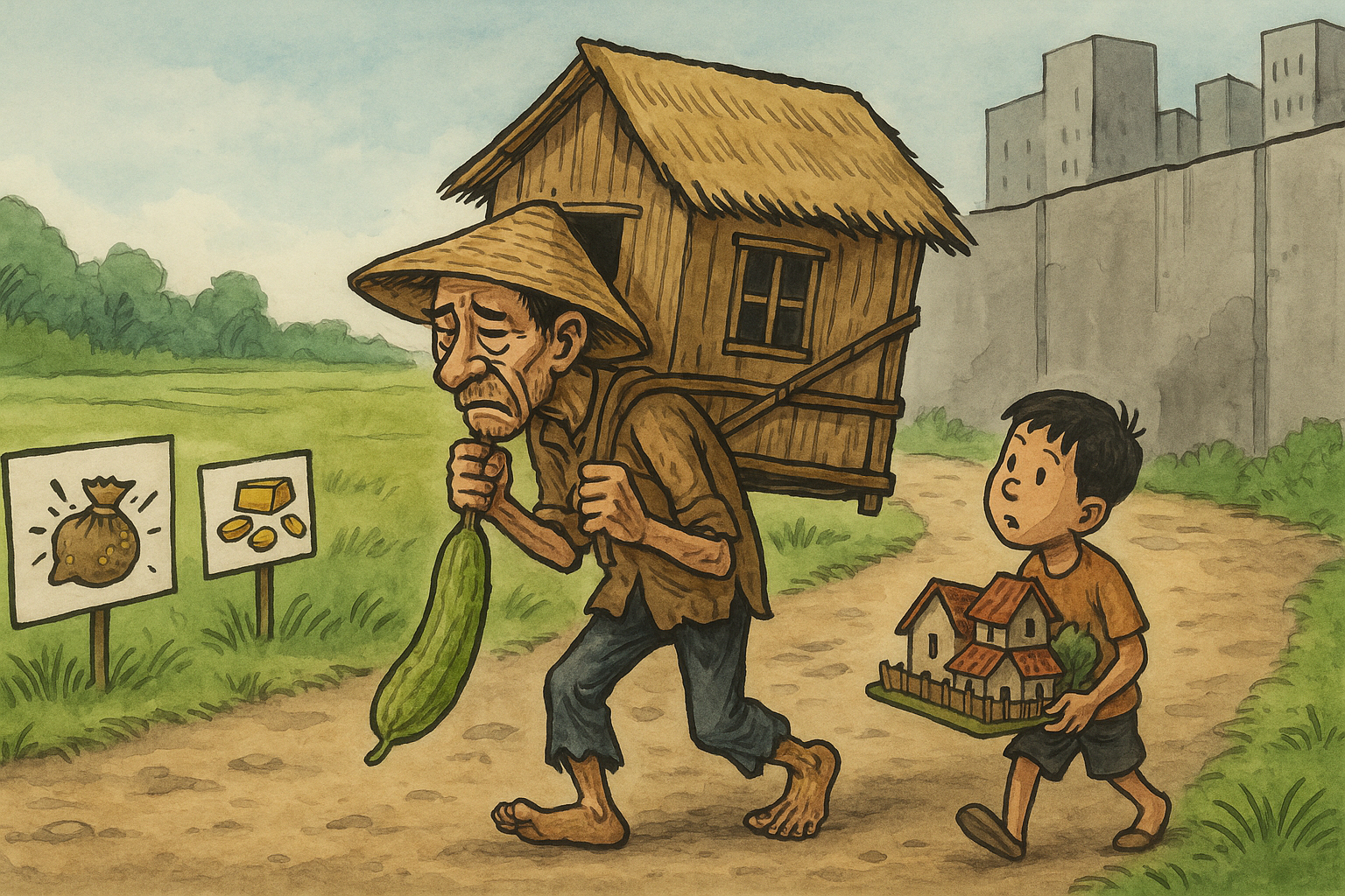 Không còn đất cắm dùi – người nông dân lạc lõng ngay trên quê hương mình (Ảnh minh họa: ChatGPT)