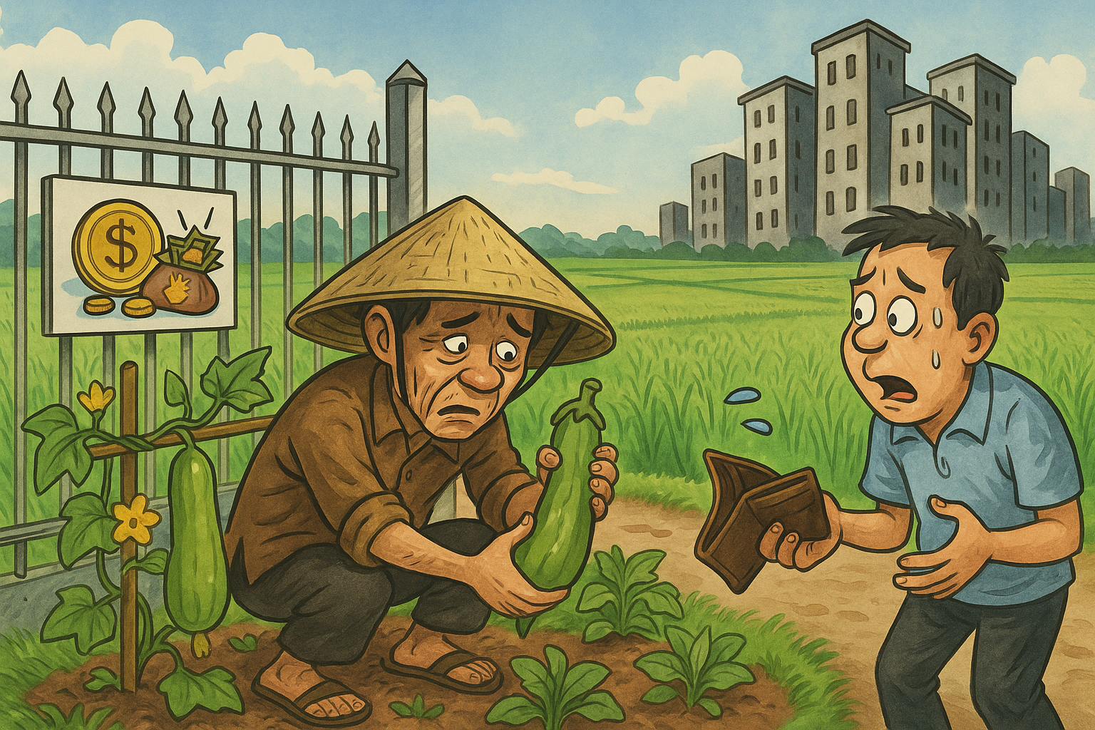 Nông sản rẻ mạt giữa cơn sốt đất triệu đồng – nghịch lý trên chính ruộng vườn quê hương (Ảnh minh họa: ChatGPT)