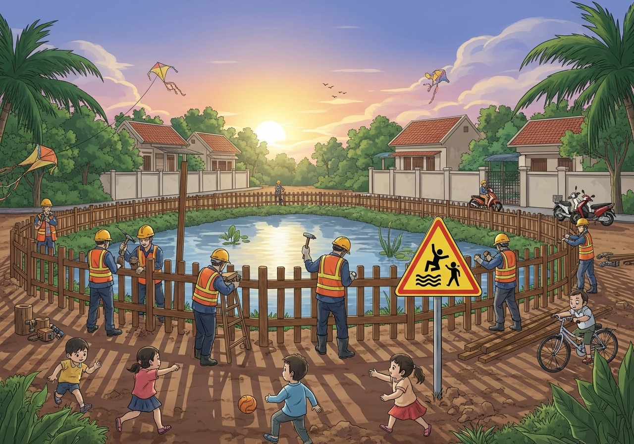 Ngăn nguy hiểm từ sớm, lắp hàng rào, đặt biển báo nơi có nguy cơ đuối nước (Ảnh minh họa: Google Studio AI)