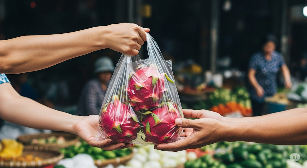 Túi nilon đã len lỏi vào đời sống hàng chục năm nay như một thói quen tiện lợi, nhưng cũng là hình ảnh của hành vi tiêu dùng lười biếng (Ảnh minh họa: Gemini AI)