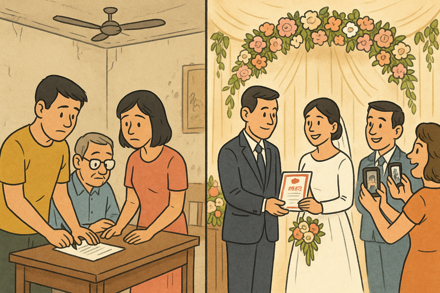Một buổi ký giấy lạnh lẽo… hay một nghi lễ đánh dấu khởi đầu hôn nhân ấm áp? (Ảnh minh họa: ChatGPT)