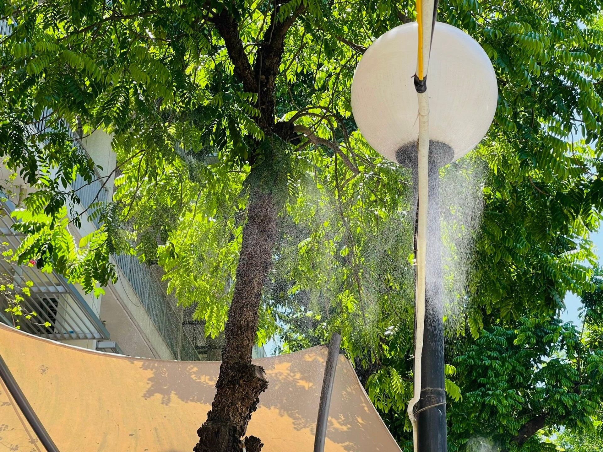 Bệnh viện Bạch Mai lắp giàn phun hơi nước để làm mát khu vực người nhà bệnh nhân ngồi