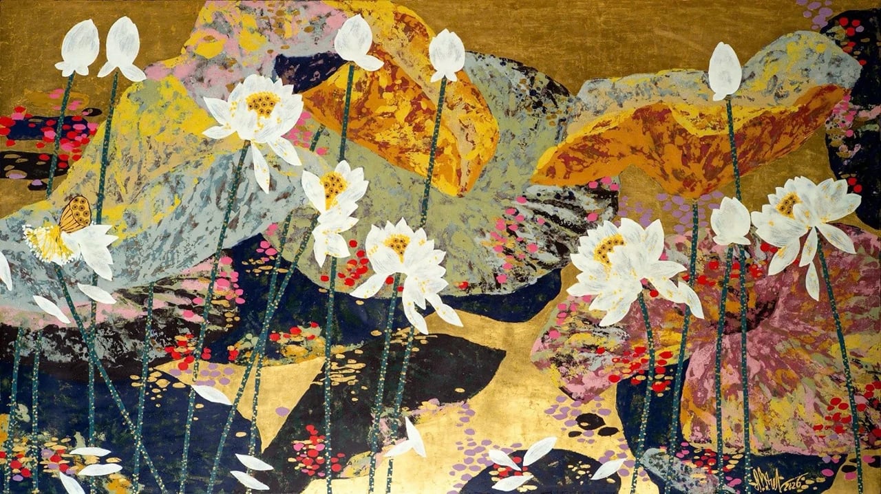 Tranh sơn mài 'Sen hạ' - Họa sỹ Đặng Phương Việt (Pháp danh Quảng Lưu)