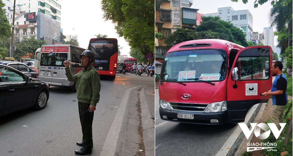 Một nhà xe tuyến Hà Nội - Ninh Bình bị lực lượng chức năng xử phạt vì dừng đỗ trái quy định tại "bến cóc" Kim Đồng gần bến xe Giáp Bát