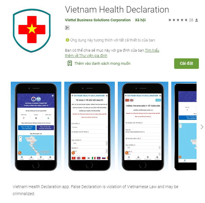 Ứng dụng Vietnam health declaration dành cho người nước ngoài vào Việt Nam