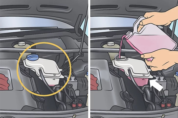 Nếu xe có bình chứa, hãy đổ đầy lượng dung dịch làm mát, nếu trường hợp khẩn cấp không có dung dịch làm mát có thể thay bằng nước sạch