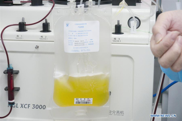 Huyết tương do người khỏi bệnh hiến được thu nhận ở Trung tâm Máu Vũ Hán