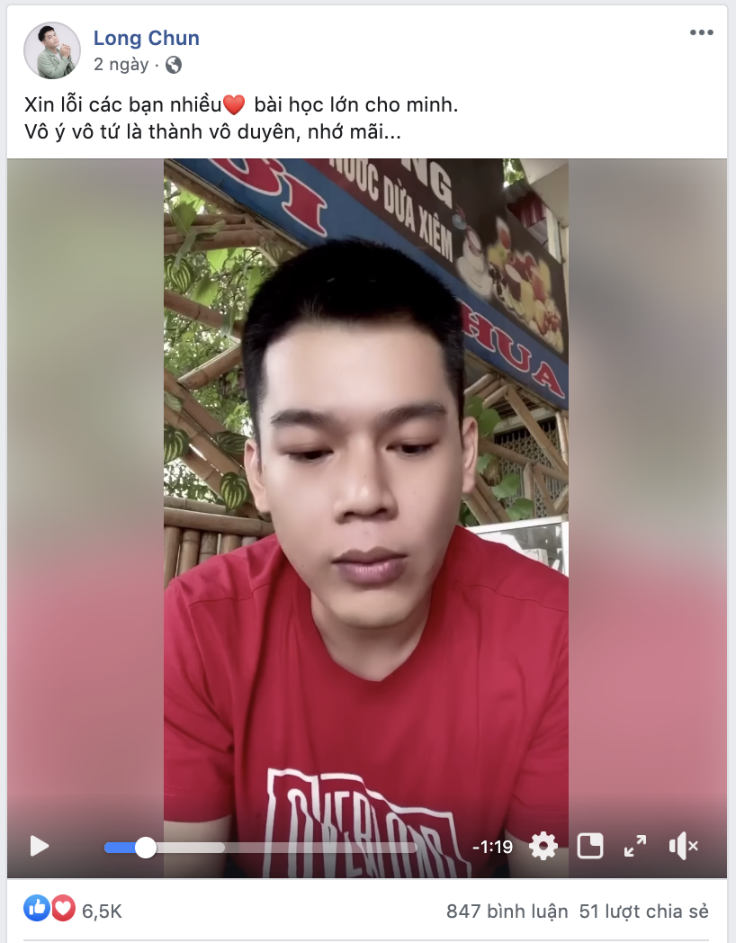 Hot facebook Long Chun đã đăng tải video xin lỗi mong được tha thứ