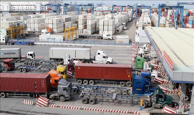 Các xe container vận chuyển hàng hóa vào cảng Cát Lái. Ảnh minh họa: TTXVN