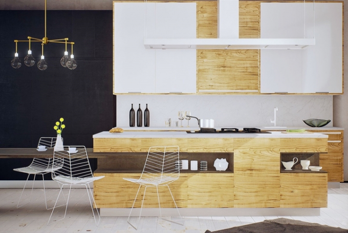 Vân gỗ màu vàng góp phần làm nổi bật cho tủ bếp trên nền gạch màu trắng.
