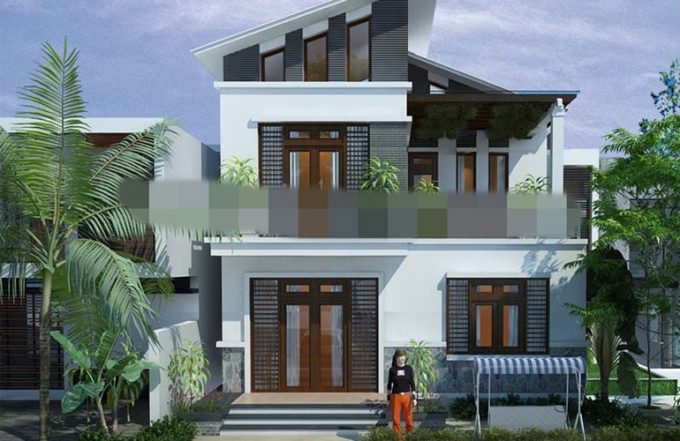 Thiết kế nhà 2 tầng mái lệch theo phong cách hiện đại, sử dụng lan can kính cường lực. Ảnh: Sieuthimaunha.