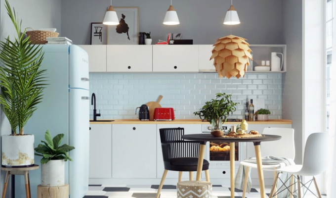 Nội thất nhà bếp bố trí thông minh, mặt tủ bếp trên có thể dùng để lưu trữ khiến không gian nhỏ nhưng không ngột ngạt.