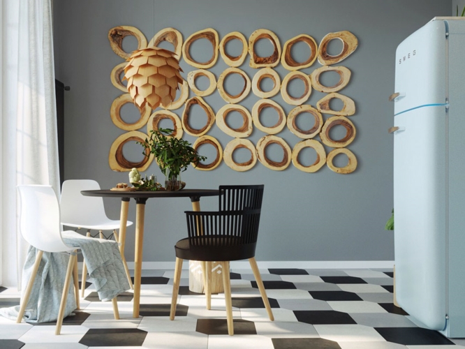 Thân cây bằng gỗ sắp xếp khéo léo tạo thành tác phẩm nghệ thuật tuyệt đẹp dành cho phòng ăn.