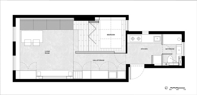 Bản thiết kế căn hộ 50m2 gồm các khu vực riêng là phòng ngủ và khu vực chung như phòng khách.