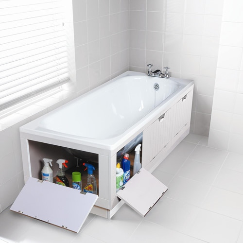 Không cẩn phải mua thêm ngăn kéo, bạn hoàn toàn có thể tận dụng không gian dưới bồn tắm.