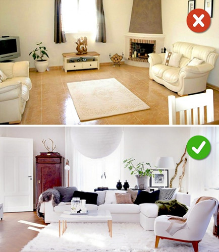 Kích thước thảm không phù hợp có thể khiến không gian phòng khách mất cân bằng.