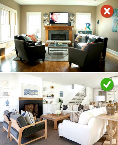 Nếu kết hợp đồ nội thất tối màu với trần thấp, phòng khách trông sẽ chật chội hơn. Hãy chọn ghế sofa nhỏ và bàn ghế gọn gàng sẽ tạo không gian rộng rãi hơn.