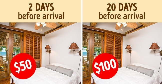 Giá thuê khách sạn có thể thay đổi theo ngày và phụ thuộc vào thời điểm bạn muốn thuê phòng. Vì vậy, nếu không quá gấp, bạn có thể để gần đến ngày mới đặt phòng bởi khách sạn sẵn sàng cho khách thuê căn phòng trống cuối cùng với giá rẻ tới 50%.