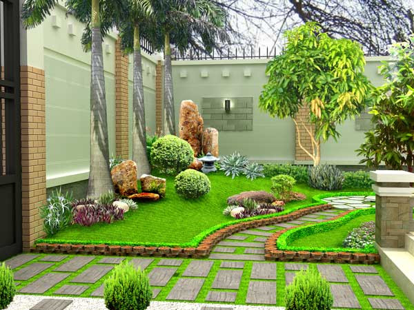 Bức tường đá hay lát gạch cho cảm giác mát mẻ, cùng với những chậu cây xanh, hoa lá xinh là ý tưởng hoàn hảo cho không gian sân vườn thêm thoáng đãng. Ảnh: Tieucanhhoangia.