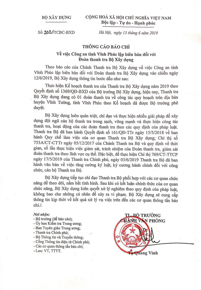 Thông cáo báo chí Bộ Xây dựng phát đi về vụ vòi tiền của Đoàn Thanh tra