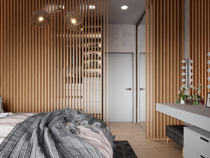 Rèm gỗ cho phép ánh sáng tự do di chuyển trong phòng ngủ.