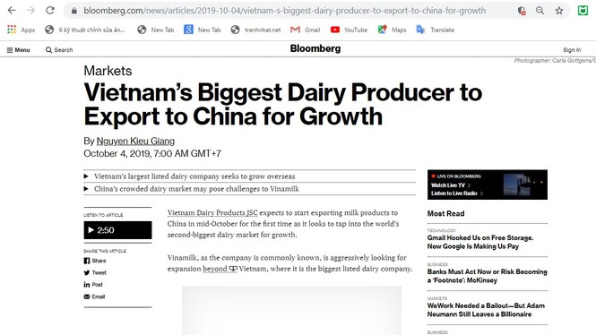 Bloomberg đã đưa tin tức với tiêu đề “Công ty sữa lớn nhất Việt Nam hướng tới việc xuất khẩu sang Trung Quốc để tăng trưởng”