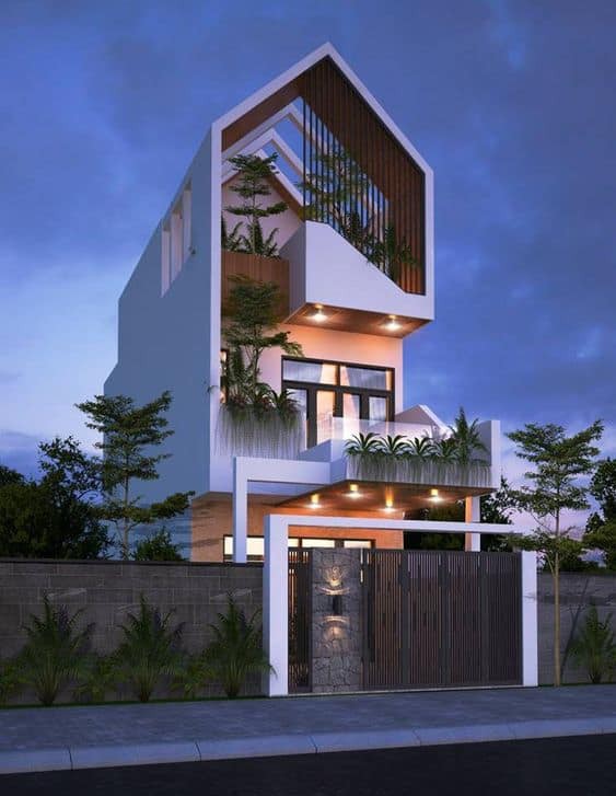 Mẫu nhà 3 tầng có thiết kế mái độc đáo, thích hợp xây dựng ở cả thành thị và nông thôn. Ảnh: Noihatduongdai.